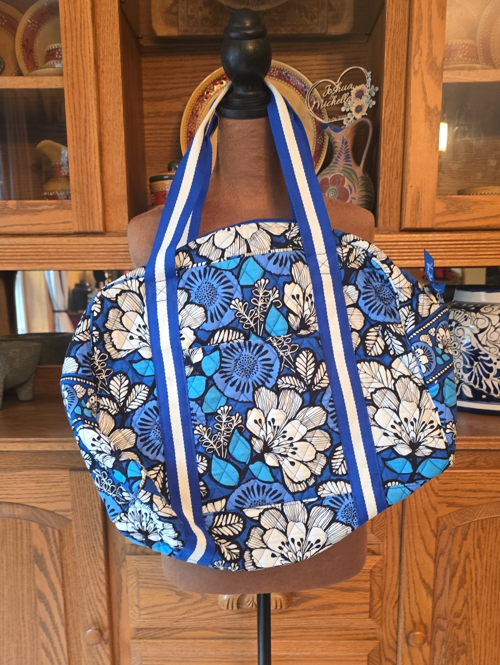 Blue Floral Stripe-Handle Tote Bag